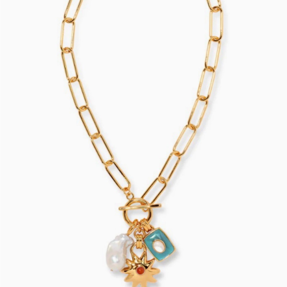 Gold Link Necklace with Turquoise Charm, Pearl & Sunburst Pendant